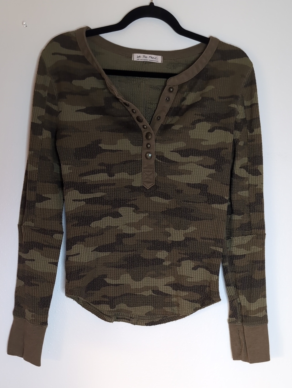 Free People Olive Camo Ribbed Henley Long Sleeve